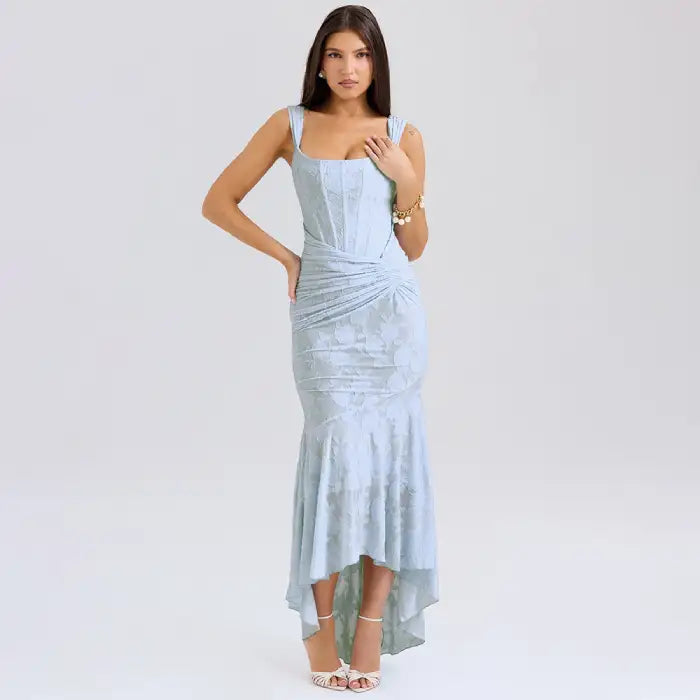 Evening dress in powder blue with textured floral pattern, structured square neckline, ruched side detail and flowing mermaid hem