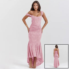 Evening dress in blush pink showcasing textured lace pattern, one-shoulder design and flattering trumpet silhouette with front and back views