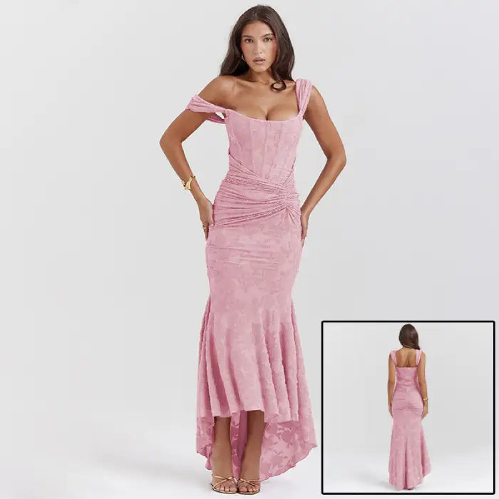 Evening dress in blush pink showcasing textured lace pattern, one-shoulder design and flattering trumpet silhouette with front and back views