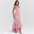 Evening dress in rose pink featuring textured fabric, square neckline, ruched side detail and elegant high-low mermaid hem