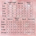 Evening dress size chart showing detailed measurements for bust, waist and hip dimensions in centimeters and inches for all sizes