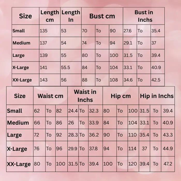 Evening dress size chart showing detailed measurements for bust, waist and hip dimensions in centimeters and inches for all sizes