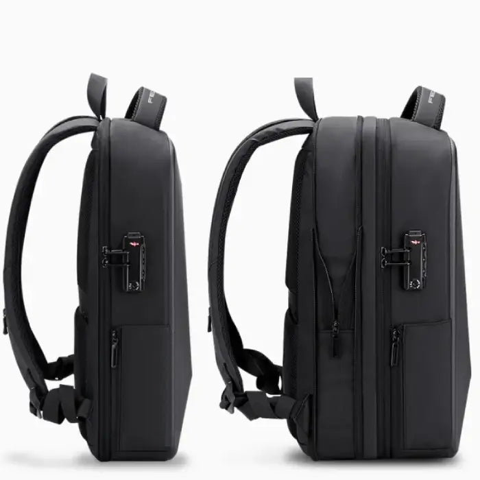 Comparison of ordinary and upgrade style expandable laptop backpacks, showing 10cm expansion capacity