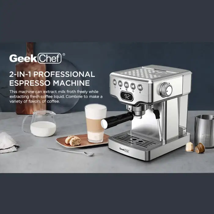 Expresso Machine 2-in-1 system with milk frother and coffee brewing in home kitchen setup