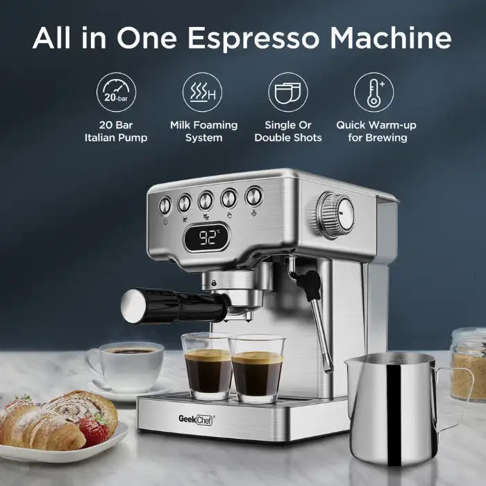 Expresso Machine with 20-bar pump, milk foamer, and quick warm-up for single or double espresso shots