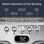 Expresso Machine control panel with labeled buttons for brewing, steaming, and coffee options