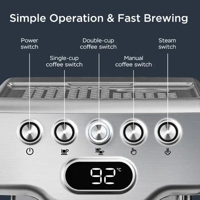 Expresso Machine control panel with labeled buttons for brewing, steaming, and coffee options