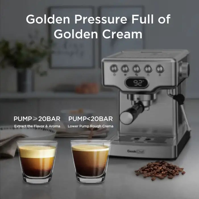 Expresso Machine showing golden crema quality from 20-bar pressure extraction vs lower pressure
