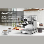 Expresso Machine with 20-bar pressure pulling rich crema espresso shot beside breakfast setup