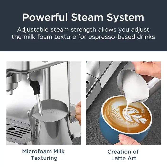 Expresso Machine milk steaming for microfoam texturing and latte art creation in cup
