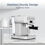 Expresso Machine with stainless steel build and size dimensions shown in a modern kitchen setting