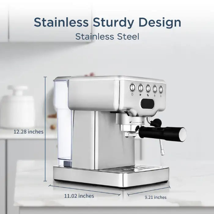 Expresso Machine with stainless steel build and size dimensions shown in a modern kitchen setting