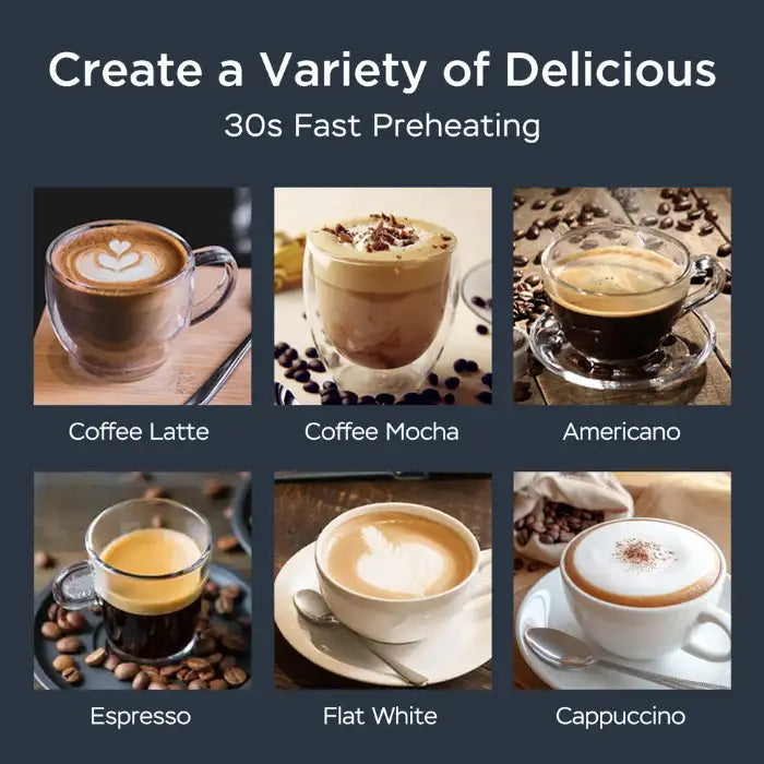 Expresso Machine can make latte, mocha, espresso, cappuccino, americano, and flat white drinks