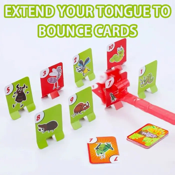 Game title card showing lizard tongue mechanics with numbered insect cards for interactive children's party games