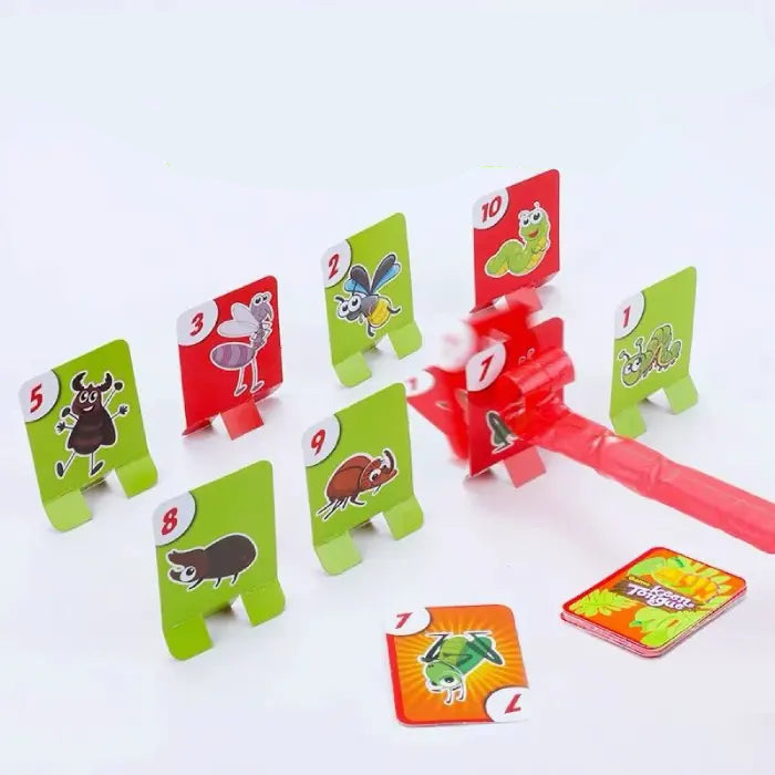 Game title card showing lizard tongue mechanics with numbered insect cards for interactive children's party games