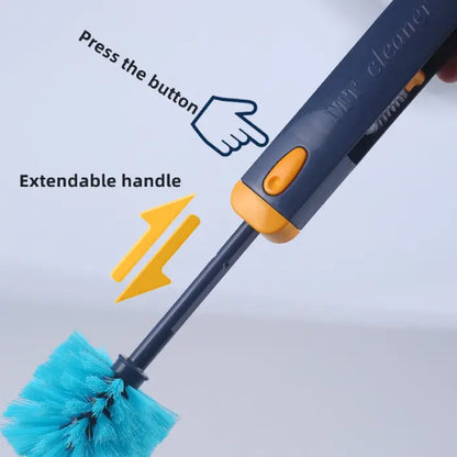 Product feature diagram showing extendable handle mechanism and button placement on cleaning brush