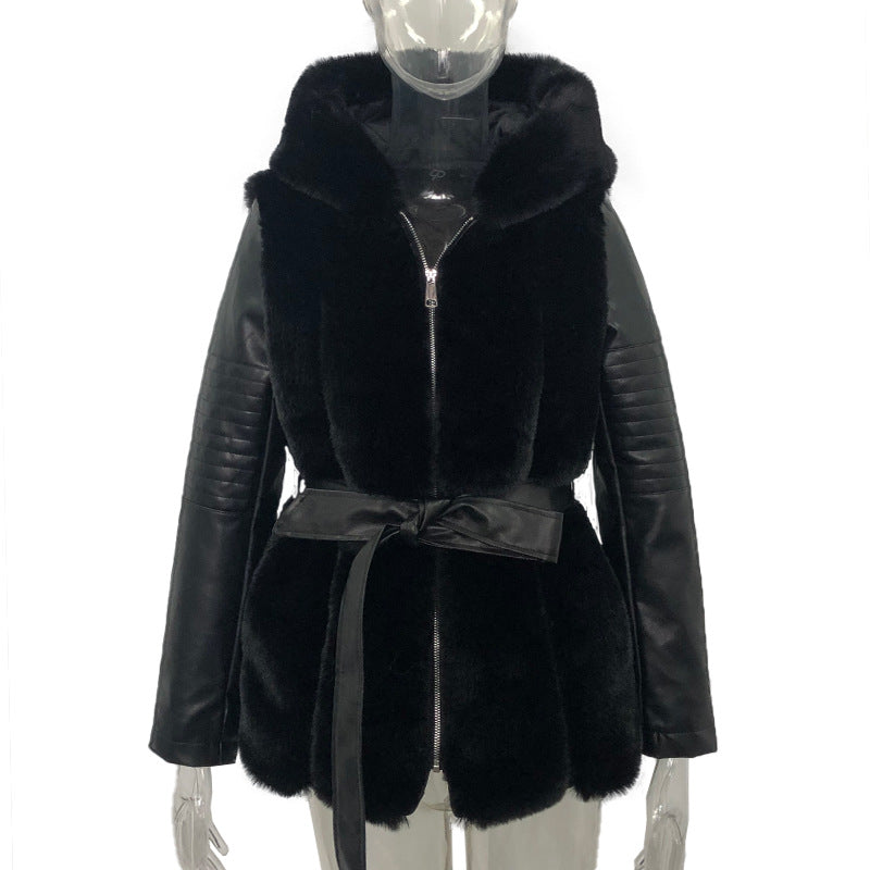 New Style Fur Belt Belt Hooded Zipper Jacket Women's Clothing - UrSuperMart