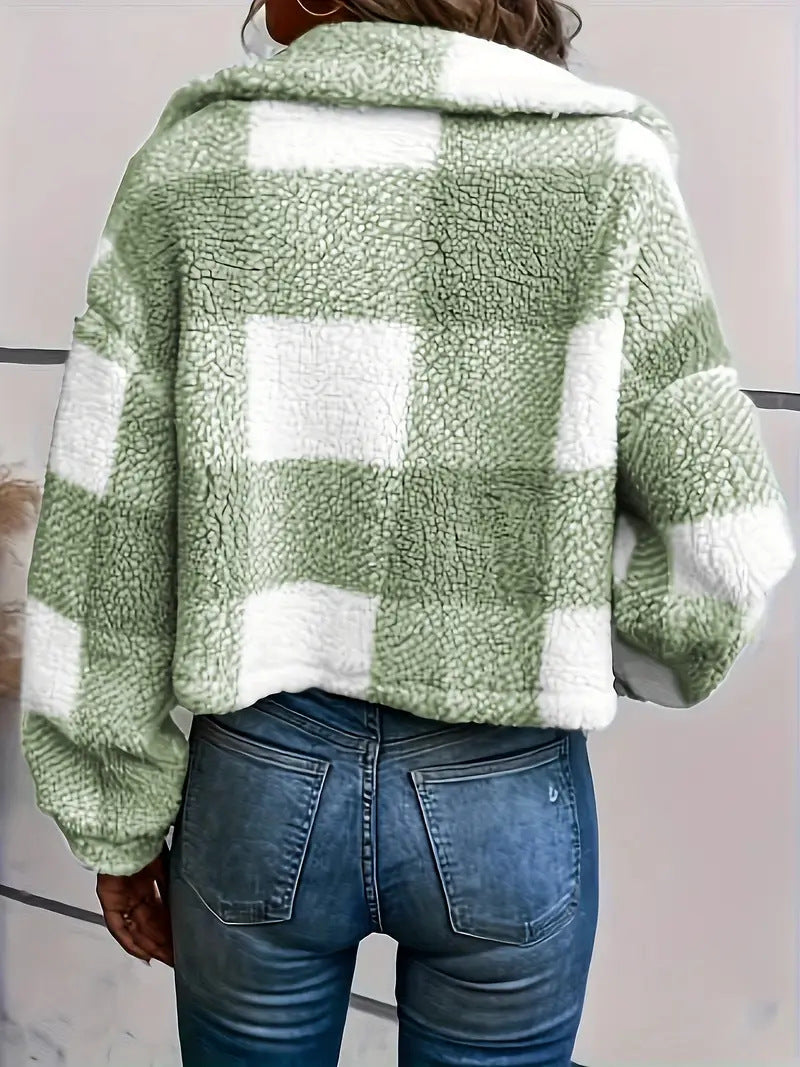 Plaid Cropped Jacket: Warm Sherpa & Trendy Style for Women