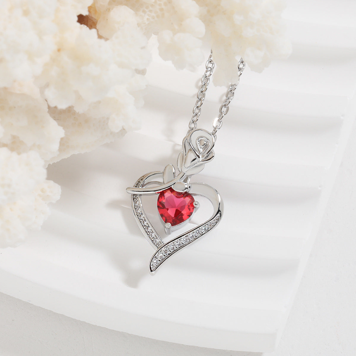 Rose Heart Necklace - Elegant Silver Gemstone Pendant