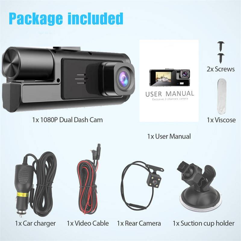 Dual lens dash cam for 1080P HD car safety and parking.