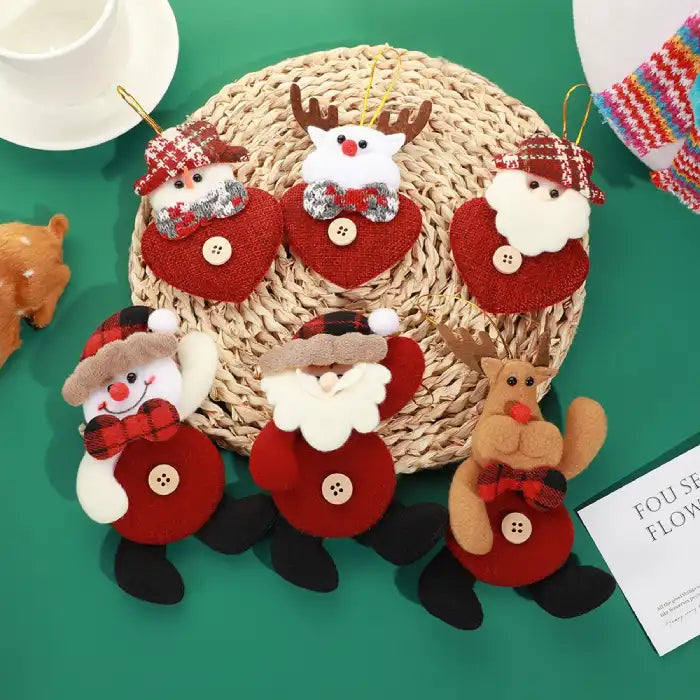 fabric pendant santa claus plush ornament set with santa snowman and reindeer on green background