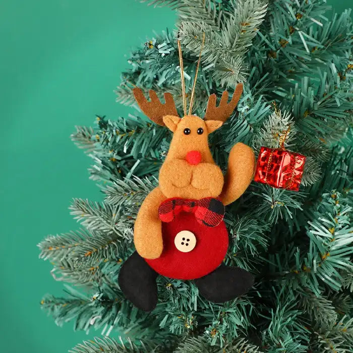 fabric pendant santa claus reindeer plush ornament hanging on christmas tree with red gift box