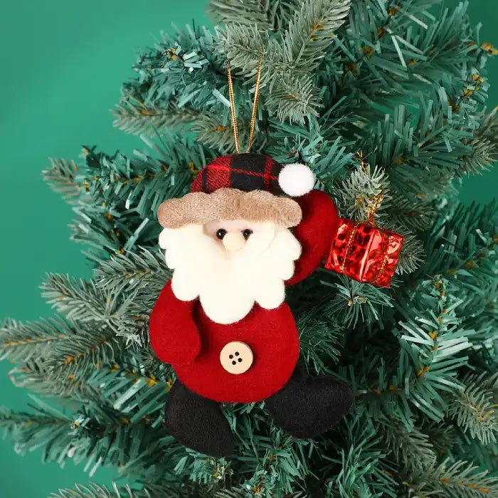 fabric pendant santa claus santa plush ornament hanging on christmas tree with red gift box