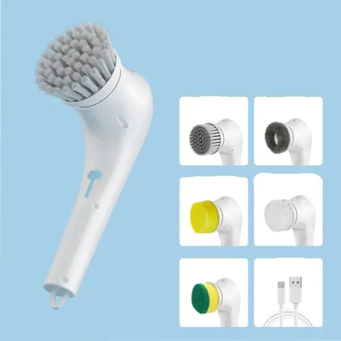 White facial cleansing brush with various brush head attachments and USB charging cable displayed on blue background