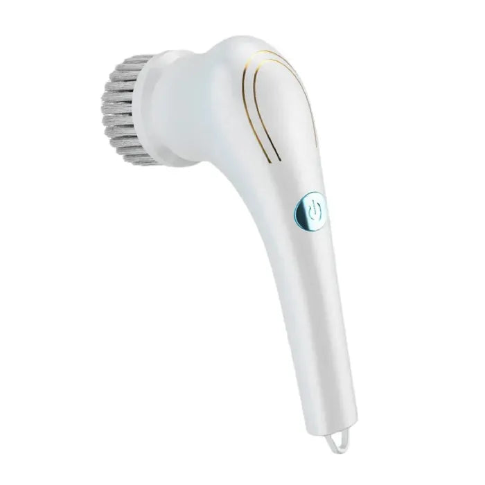 Side view of white facial cleansing brush with bristle head, gold accents, and turquoise power button