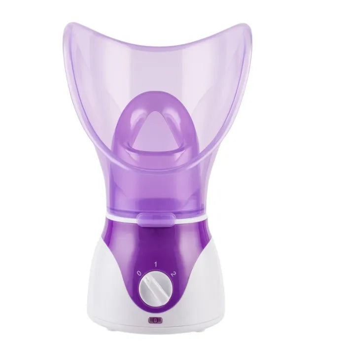 Facial steamer in purple with centered view highlighting steam mask and control knob.