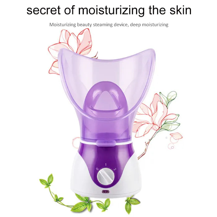 Purple facial steamer with floral background emphasizing deep moisturizing skincare benefits.