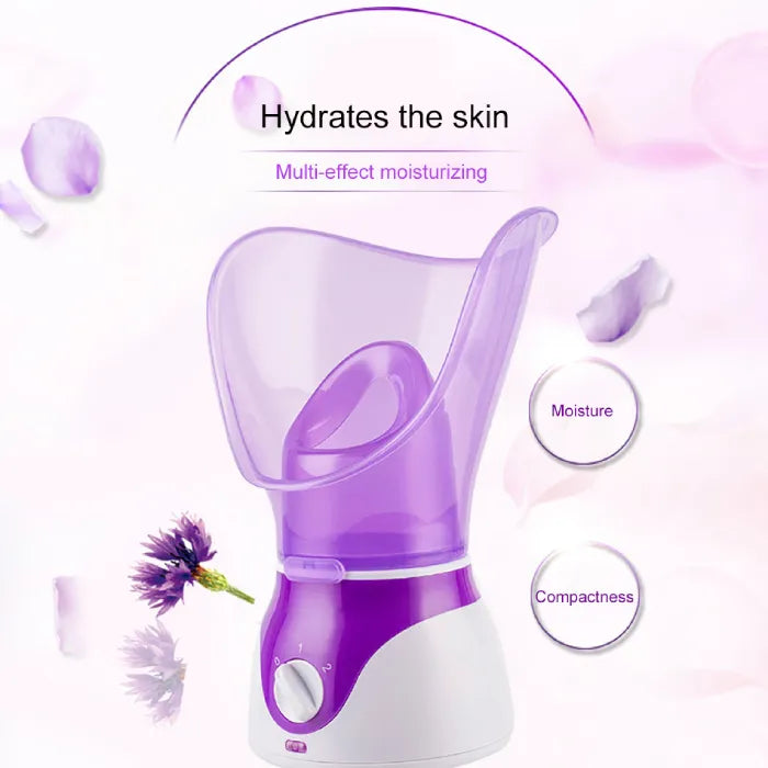 Facial steamer with purple mask demonstrating hydrating and moisturizing benefits for skin.