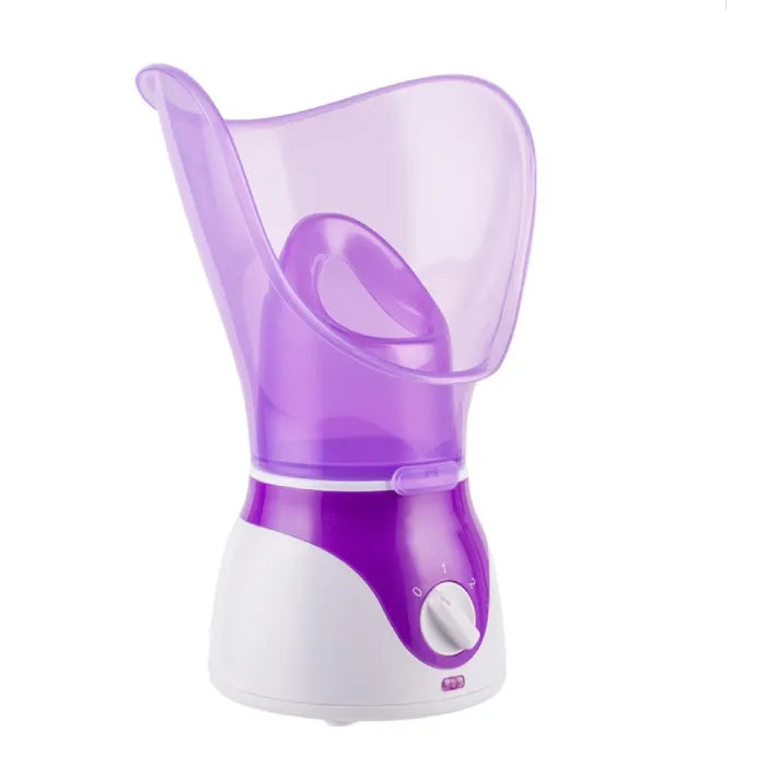 Side angle of a purple facial steamer showing curved steam mask and adjustable control dial.