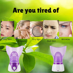Facial steamer shown with images of oily, dry, dull skin and wrinkles as common concerns.