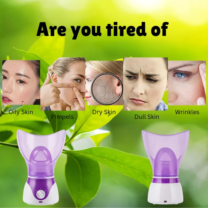 Facial steamer shown with images of oily, dry, dull skin and wrinkles as common concerns.