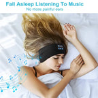 Woman wearing a Bluetooth headband for music, promoting comfort and pain-free sleep.