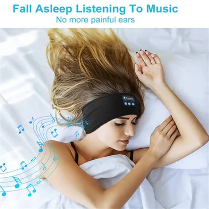 Woman wearing a Bluetooth headband for music, promoting comfort and pain-free sleep.