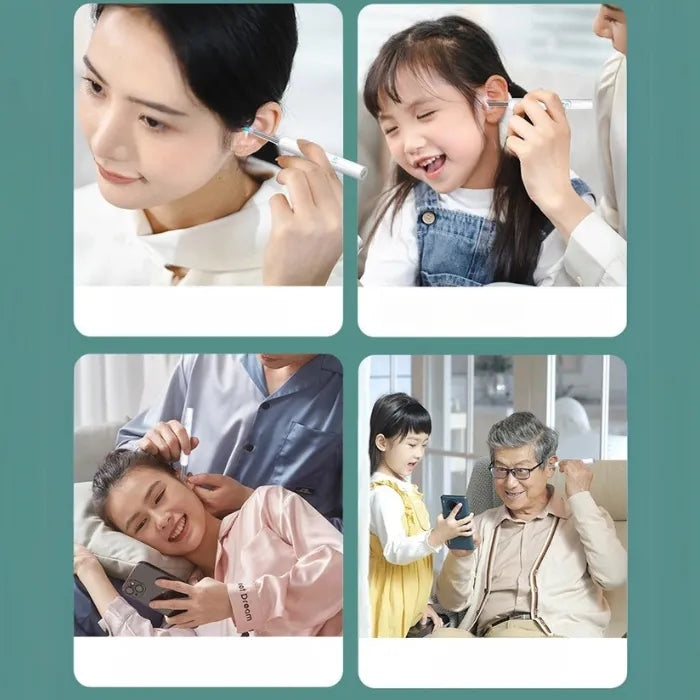 Visual showcasing family members using a smart visual ear cleaner for hygiene.