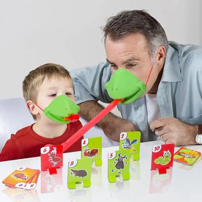 Interactive family game with green lizard tongue catchers and numbered insect cards for engaging playtime entertainment