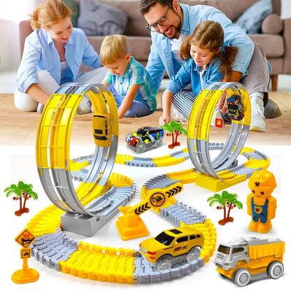 Family playing with a loop track race car set, featuring yellow cars and a construction-themed setup.