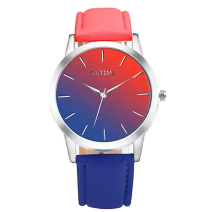 Contemporary women's watch with red to blue ombre dial and matching two-tone leather strap