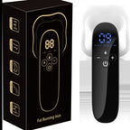 Fat burning massager with product packaging and LED display showing settings for slimming and skin care.