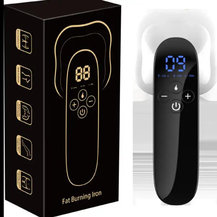 Fat burning massager with product packaging and LED display showing settings for slimming and skin care.