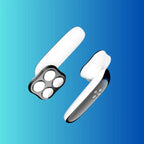 Fat burning massager in white handheld design with smooth curves and control buttons on blue background.