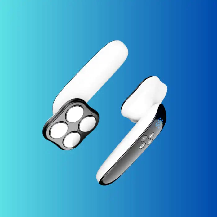 Fat burning massager in white handheld design with smooth curves and control buttons on blue background.