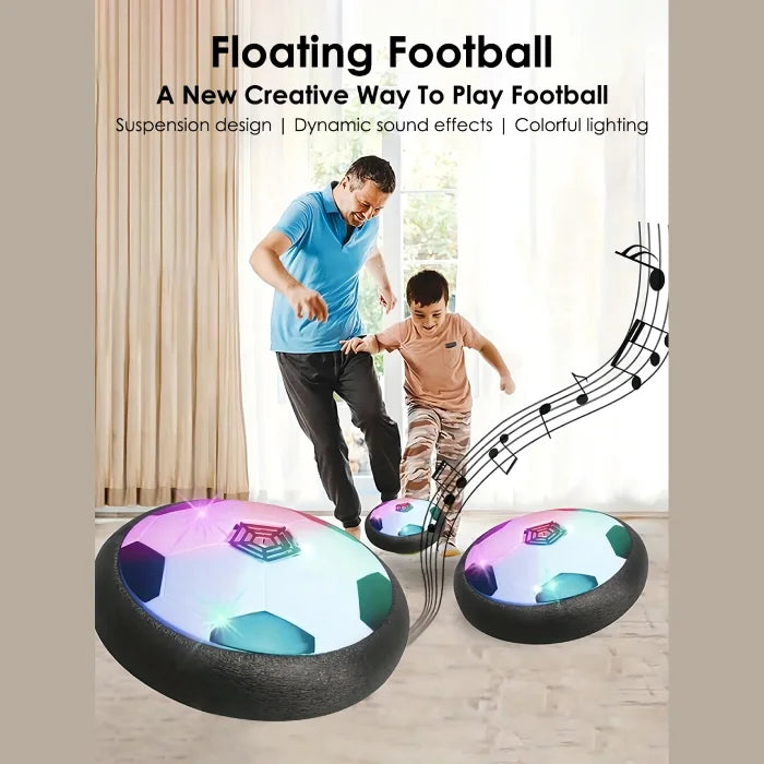 A father and son playing with floating football toys in a bright indoor setting, featuring colorful lights and sound effects.