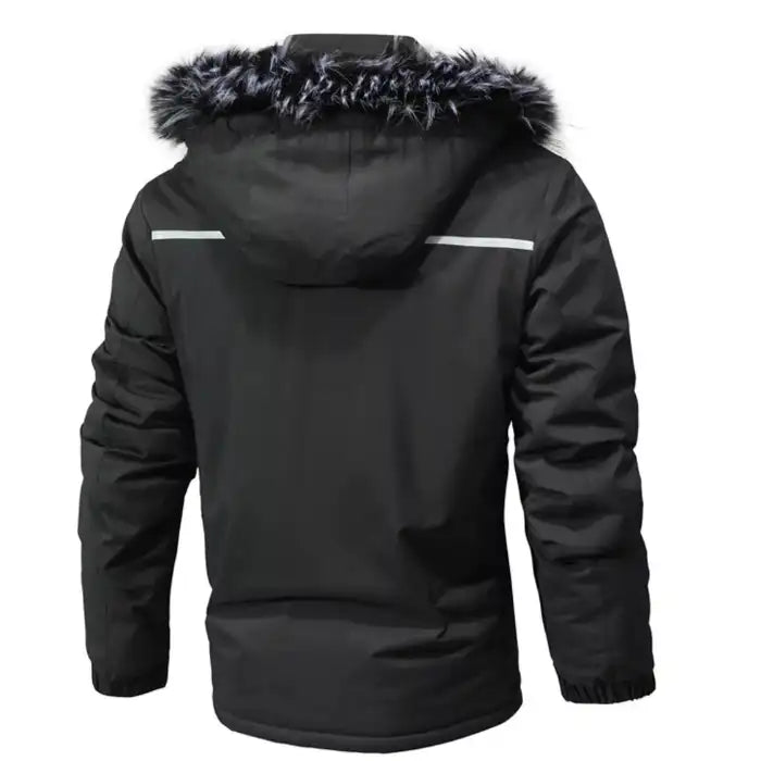 Faux fur hooded winter parka jacket from back, showing reflective stripes and adjustable hem detail.