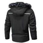 Faux fur hooded winter parka jacket from back, showing reflective stripes and adjustable hem detail.