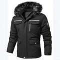 Faux fur hooded winter parka jacket in black, with chest pockets and reflective trim on front view.