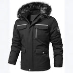 Faux fur hooded winter parka jacket in black, with chest pockets and reflective trim on front view.